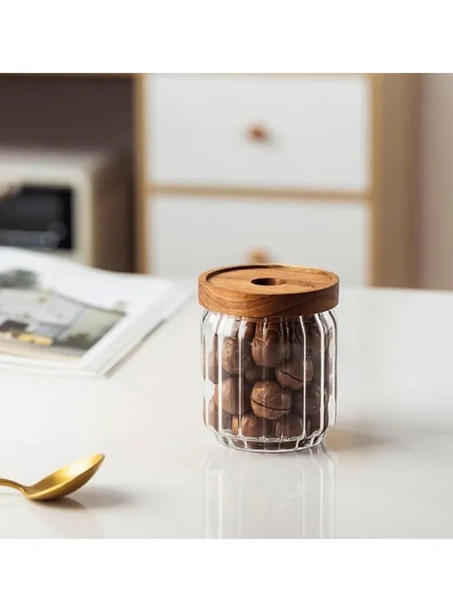 1 تشيس 1CHASE 3-Piece Borosilicate Glass Food Storage Jar With Acacia Wood Air Tight Lid 500 ML